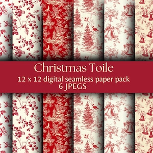 Op de afbeelding: Een verzameling van zes digitale naadloze papierpakketten van 30,5 x 30,5 cm met kerstthema-ontwerpen. De patronen bevatten rood-witte toile-prints met hulst, bessen, klokken, vogels en winterse taferelen. De tekst "Christmas Toile" wordt weergegeven op een rode banner.