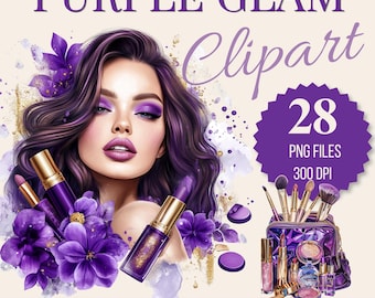 Puede incluir: Ilustración digital de una mujer con maquillaje morado, rodeada de flores y cosméticos morados. El texto "PURPLE GLAM Clipart" está en la parte superior, con "28 PNG FILES 300 DPI" en una estrella morada.
