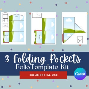 May include: Three printable folding pocket templates with a sky and green hills design. The text "3 Folding Pockets Folio Template Kit" and "COMMERCIAL USE" is on the image. The Canva logo is also on the image.