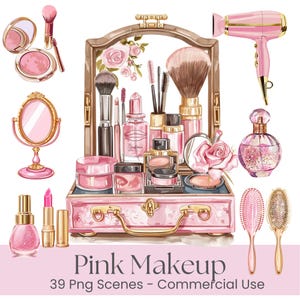 Makeup Clipart Set, Beauty & Cosmetics PNG, Glam Vanity Digital Illustration, Sublimation Graphics for Scrapbooking & Stickers