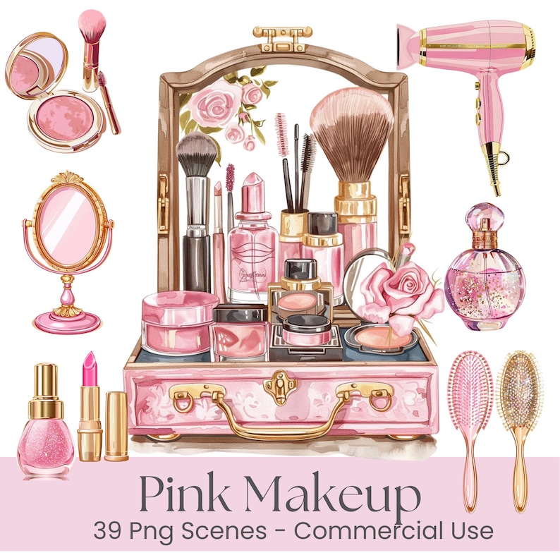 Makeup Clipart Set, Beauty & Cosmetics PNG, Glam Vanity Digital Illustration, Sublimation Graphics for Scrapbooking & Stickers