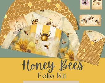 Junk Journal Folio Kit, Vintage Honey Bee, Scrap book Printable, Digital Ephemera, Unique Bookmark, Junk Journal Pocket, Trifold Pocket