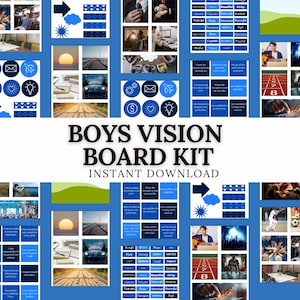 May include: A Boys Vision Board Kit with an instant download option. The image features a collage of inspirational images and text, including the words "Dreams" and "Direction" in a blue and white color scheme.