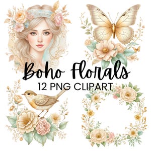 Boho bloemen clipart, aquarel boho bloemen, boho meisje, elegante bruiloft illustraties, shabby chique boeketten, herfstbloemen krans,