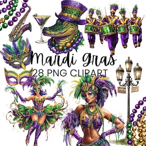マルディグラのクリップアート、水彩画のハッピーマルディグラPNG、カーニバルSVG、ビーズ、マスク、即時ダウンロード、デジタルアート、商用利用、スクラップブッキング