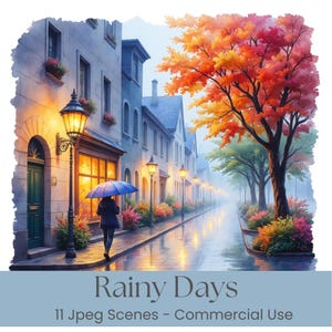 Puede incluir: Pintura a la acuarela de una escena de calle europea en un día lluvioso. Una persona con un paraguas azul camina por una calle empedrada mojada bordeada de edificios, farolas y árboles otoñales. El texto "Rainy Days" está en la parte inferior.
