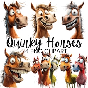 Illustration de clipart chevaux drôles fous, téléchargement numérique humoristique, PNG mignon, Art des animaux de la ferme dessin animé, scrapbooking numérique, Junk Journal