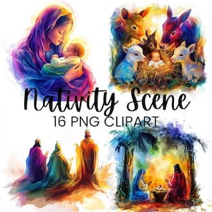 Imágenes prediseñadas de la escena de la natividad, imágenes prediseñadas de la natividad, imágenes prediseñadas de la historia de Navidad, imágenes prediseñadas de la Sagrada Familia, animales de la natividad, ilustraciones de acuarela de álbumes de recortes