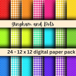 Gingham and Dots Digital Paper, Seamless Pattern, Checked Picnic Print, Instant Download, Commercial Use, Scrapbooking, Bright Pastels