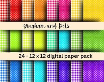 Digitaal papier met gingang en stippen, naadloos patroon, geruite picknickprint, Instant download, Commercieel gebruik, Scrapbooking, Heldere pastelkleuren