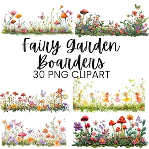 Fairy Garden Clipart Boarders, Cute Watercolor Fairies PNG, Magical Enchanted Forest Art, Digital Download, Scrapbooking, Junk Journals