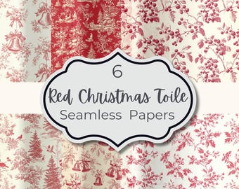Red Christmas Seamless Pattern, Toile De Jouy, Digital Paper, Red White Chinoiserie Backgrounds, Scrap book Paper, Christmas Bells Pattern