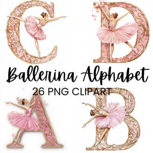 Clipart alphabet ballerine, lettres décoratives, png aquarelle, lac des cygnes, fée Sugar Plum, danseuse des cliparts, lettres roses, téléchargement numérique