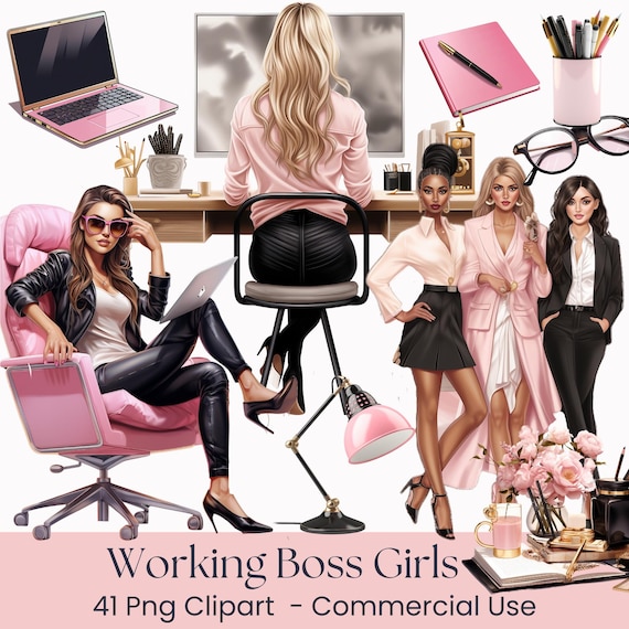 Boss Lady Clipart, Girl  PNG, Office Girl Pink, Working Woman Planner Stickers Commercial Use