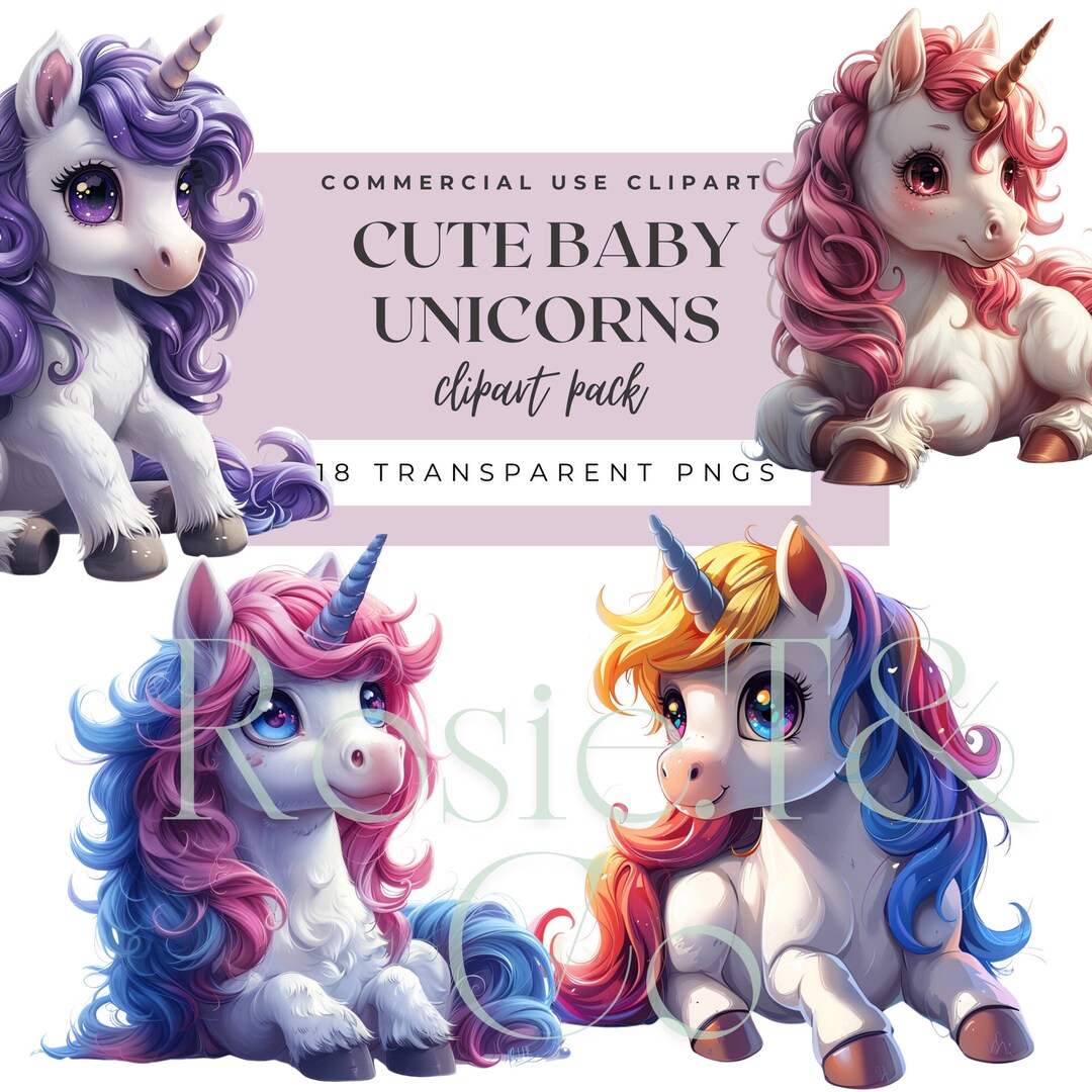 Watercolor Baby Unicorn Clipart Bundle, Rainbow Unicorn PNG, Cute Baby ...