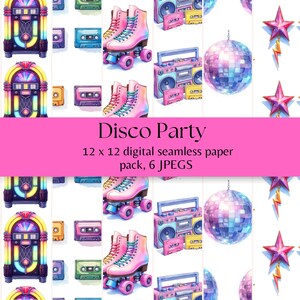 May include: A digital seamless paper pack with a disco theme. The design features a jukebox, roller skates, cassette tapes, boomboxes, a disco ball, and stars. The text "Disco Party" is displayed on a pink banner.