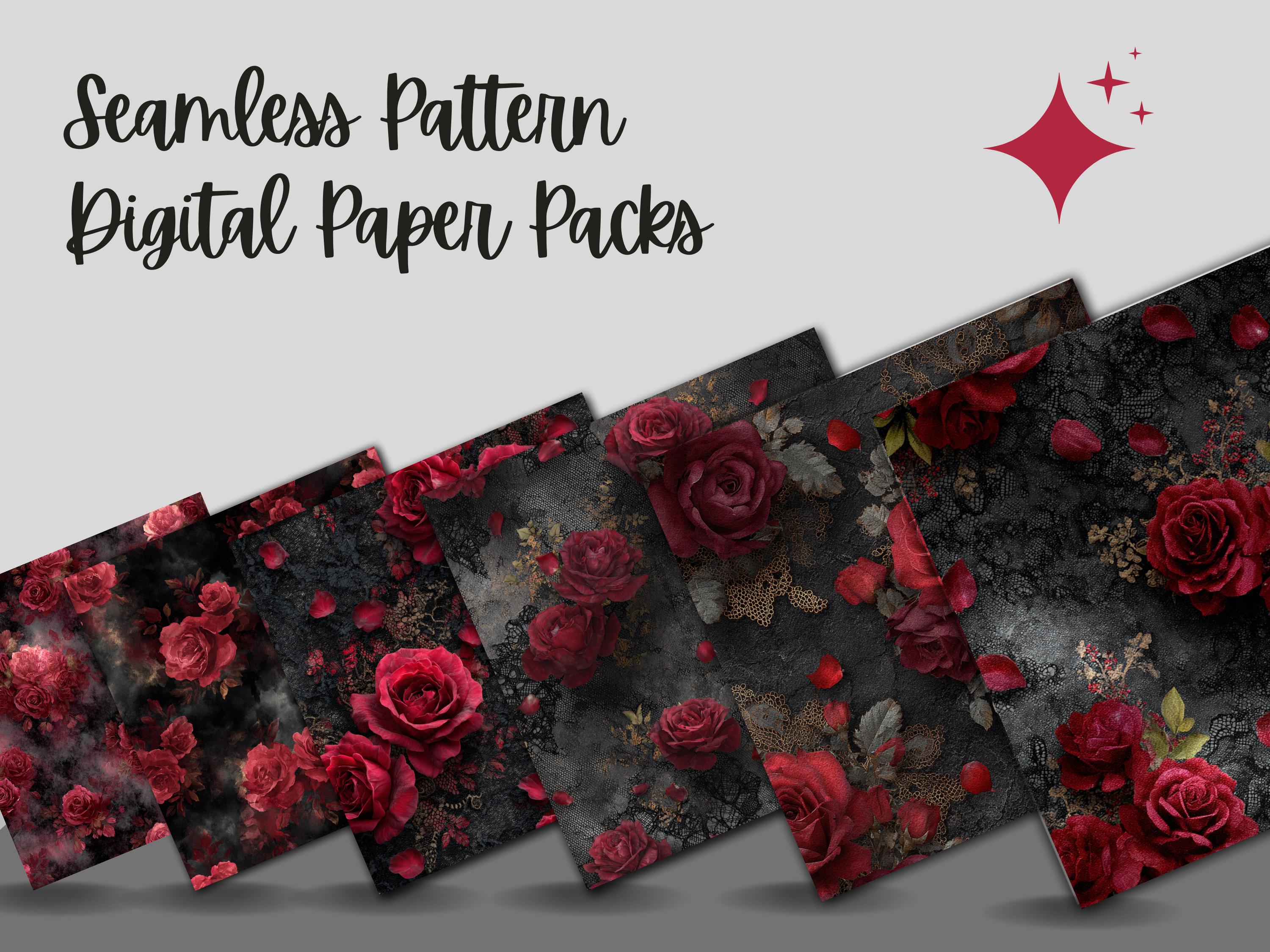 Dark Red Roses Digital Paper, Gothic Floral Seamless Backgrounds ...