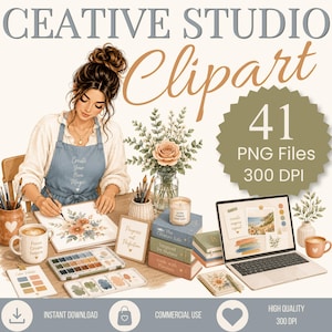 May include: A digital illustration set titled CEATIVE STUDIO Clipart featuring 41 PNG files at 300 DPI. The image shows a person in a blue apron painting flowers, surrounded by art supplies, a laptop, books, a vase, and a coffee mug.