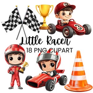Little Racer Clipart - Aquarell Cute Kids Racing Illustrationen - Karierte Flaggen & Helme - Digitale PNG-Dateien. Einladungen, Scrapbooking