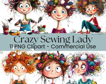 Quirky Sewing Lady Clip Art, Printable Watercolor Designs for Junk Journaling, Scrapbooking, PNG Digital Download, Whimsical Craft Projects