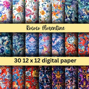 May include: A digital paper pack containing 30 floral patterns in a Rococo Florentine style. The patterns feature intricate swirls, scrolls, and floral motifs in shades of blue, red, gold, and white.