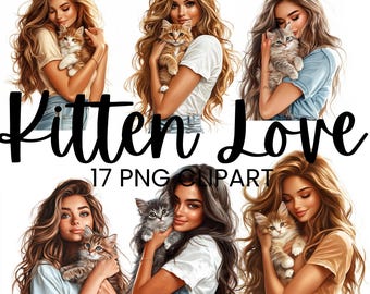 Clipart, Kitten Love - Cute Girls with Kittens Clipart Set for Pet Lovers, Perfect for Scrapbooking & Gifts, Commercial Use, Junk Journal