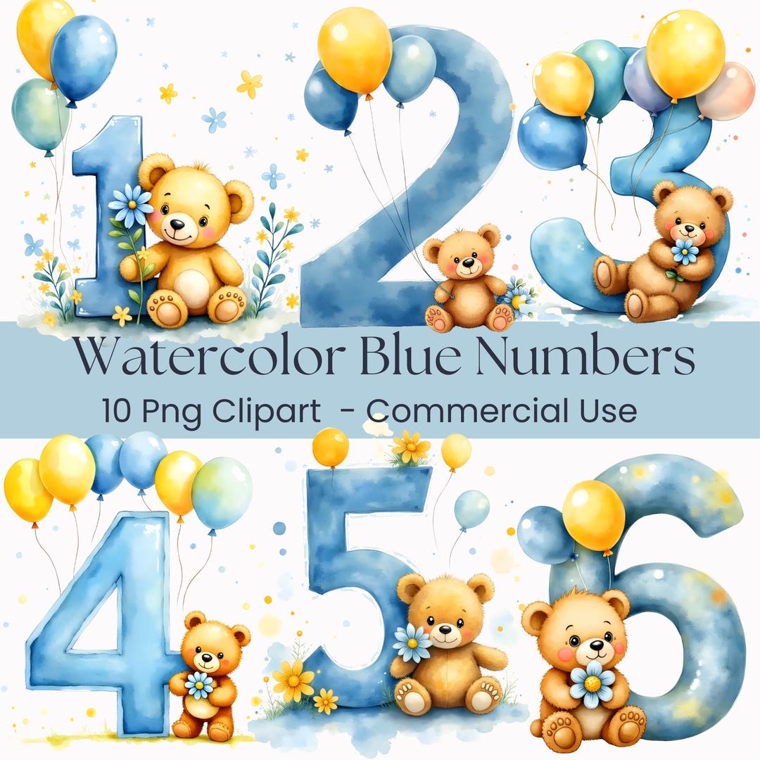 Blue Watercolor Number Clipart 0-9 PNG, Teddy Bear Birthday Numbers ...