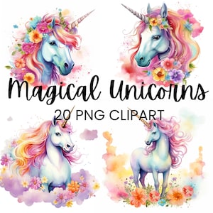 Imágenes prediseñadas de unicornio, unicornio PNG, calcomanías de unicornio, gráficos de unicornio, lindas ilustraciones de unicornios en colores pastel, imágenes de álbumes de recortes, descarga digital
