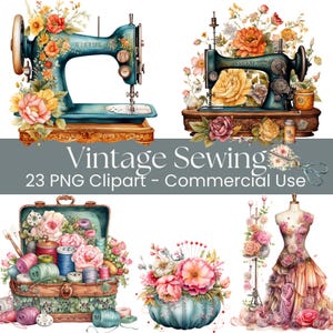 Sewing Clipart, Floral Vintage Sewing Machine PNG, Seamstress Clipart, Digital Download for Crafting Projects, Scrapbooking, Commercial Use