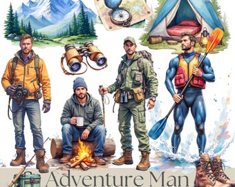 Adventure Man Clipart Bundle | Hiking, Camping, Kayaking PNG | Outdoor Adventure Digital Download