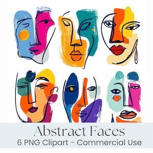May include: Six colorful abstract face illustrations with bold lines and brushstroke textures. The faces feature a variety of colors including blue, pink, orange, and yellow. Text at the bottom reads "Abstract Faces" and "6 PNG Clipart - Commercial Use."