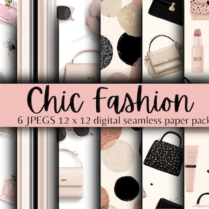 Chic Fashion Digital Paper Pack – Naadloze achtergronden van 12 x 12 inch met parfumflesjes, handtassen en accessoires | Direct downloaden, scrapbooking
