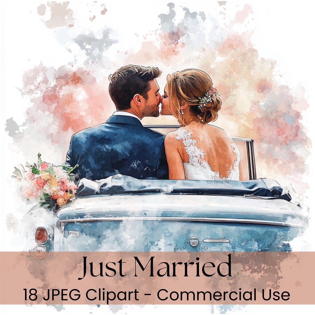 Just Married Car Watercolor Clipart, Wedding Couple Clip Art, JPEG ...