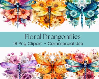 Floral Dragonfly Clipart PNG, Dragonfly Flower Graphics, Watercolor Insect Clip Art, Spring Nature Illustrations, Commercial Use