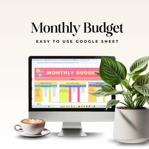 May include: A computer screen displaying a Google Sheet with a colorful monthly budget template. The sheet includes sections for tracking income, expenses, and savings. The text "MONTHLY BUDGET" is displayed in a pink banner at the top of the sheet.