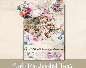 Loaded Tea Tags, Vintage High Tea Ephemera, Printable Junk Journal Kit, Craft Supplies, Digital Download, Pockets Tags, Commercial Use