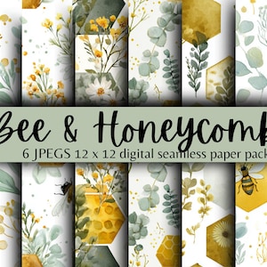 Bee & Honeycomb Digital Paper – Seamless 12x12&quot; Backgrounds | Yellow Floral Honey Pattern for Scrapbooking Crafts, Junk Journal, Download