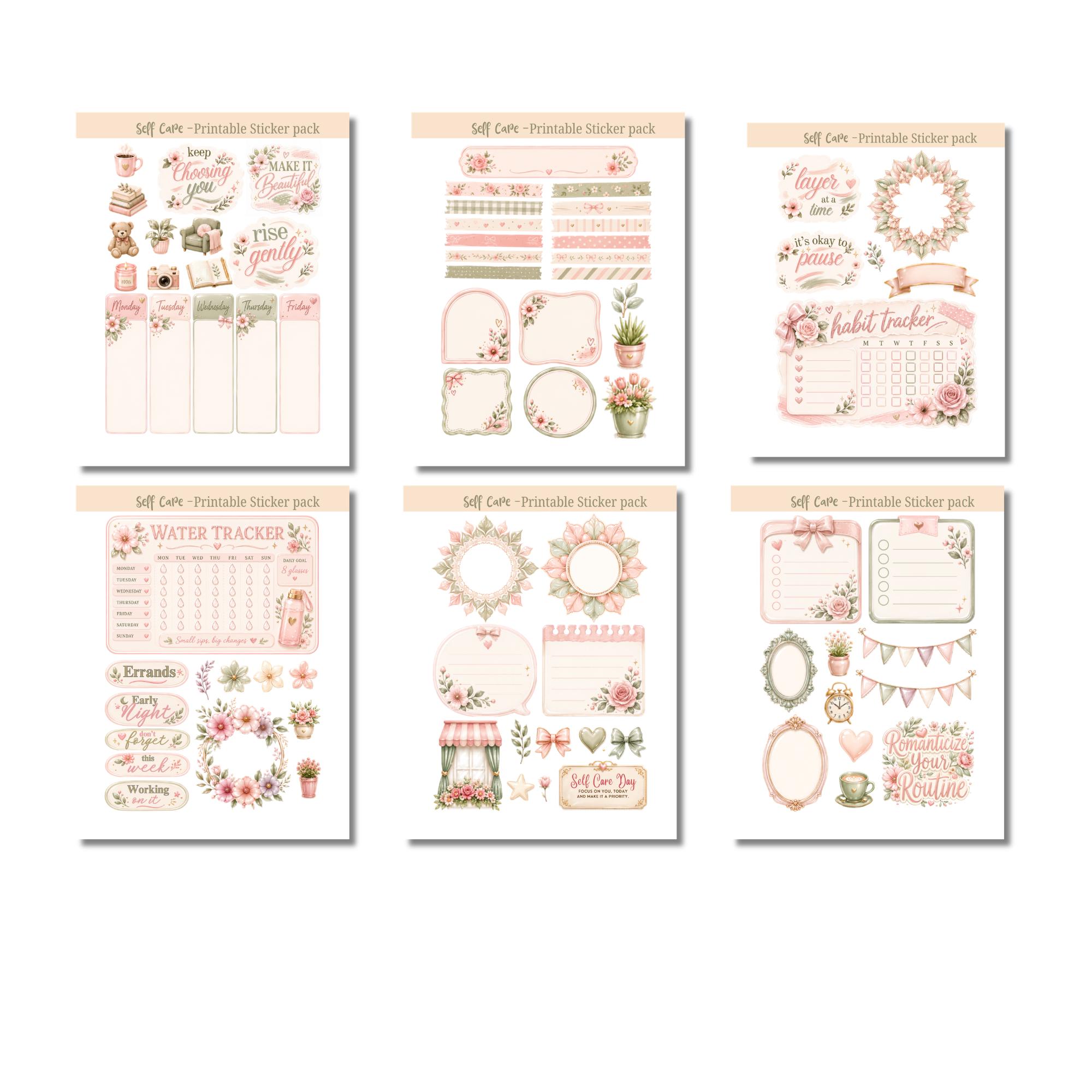 Self Care Planner Stickers Printable, Floral Journal Stickers Kit ...
