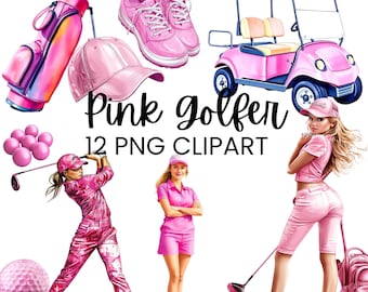 Pink Golf Clipart, Stylish Golf Clipart Set, Watercolor Golfer Graphics, Digital Download PNG for Cute Golf Lovers, Scrapbooking Images