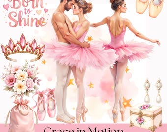 Set di clipart di balletto • Pacchetto PNG di ballerini • Arte di tutù rosa • Grafica di ballerine • Illustrazioni di performance • Uso commerciale