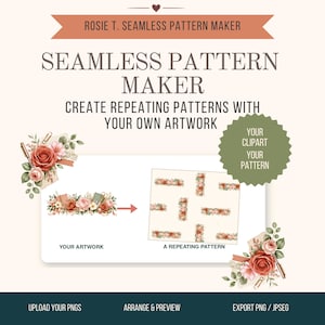Może przedstawiać: Interfejs oprogramowania Rosie T. Seamless Pattern Maker pokazujący proces tworzenia powtarzalnych wzorów z grafik. Obraz przedstawia kompozycję kwiatową z etykietą Your Artwork oraz siatkę z napisem A Repeating Pattern.