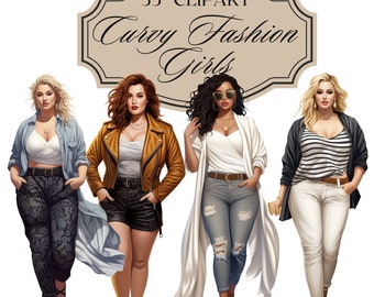 Curvy Fashion Girls Clipart, Plus Size Women Illustration, PNG Digital Planner Junk Journal, curvy girl school, Scrapbooking, Commercial Use