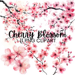 Clipart de flor de cerezo en acuarela, clipart de sakura, ramas florales, flores de primavera, flores rosas, descarga digital, diario basura de scrapbooking