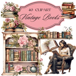 Clipart di amanti dei libri vintage, clipart di biblioteca shabby chic in formato PNG, download digitale di diario spazzatura, illustrazioni floreali per libri, effimeri per album di ritagli