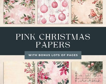 May include: Six digital papers featuring pink and white Christmas designs. The papers include ornaments, holly, birds, and musical notes.