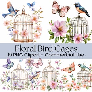 Bird Flower Cage Clipart, Vintage Watercolor Clipart, PNG Digital Download for Scrapbook, Floral Bird Cages Clip Art, Commercial Use