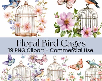 Clipart di gabbia per uccelli con fiori, Clipart di acquerello vintage, Download digitale PNG per album, Clip art di gabbie per uccelli floreali, Uso commerciale