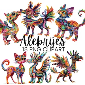 Alebrijes Clipart, Colorful Mexican Spirit Animals, Digital Download for Crafts, Folk Art Watercolor Illustrations, Commercial Use PNG Files