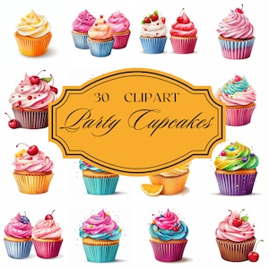 Bundle de cliparts cupcake d'anniversaire, graphismes de joyeux anniversaire, conceptions de cupcake png, avec fond transparent, usage commercial, lot de 30