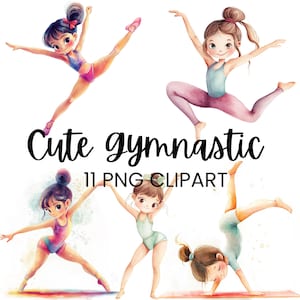 Lindo clipart de gimnasia, arte digital para niños, niña gimnasta PNG, ideal para invitaciones de cumpleaños, uso comercial, imagen para álbumes de recortes